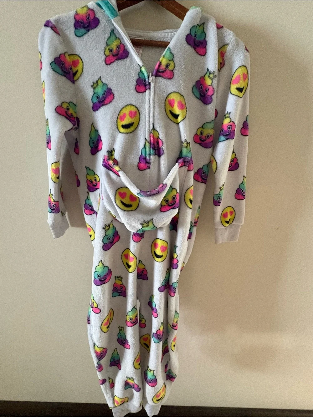 Rainbow Emoji Fleece One-Piece  with Hood.  Soft and comfortable.